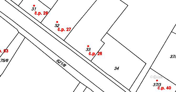 Milíčeves 26, Slatiny na parcele st. 33 v KÚ Milíčeves, Katastrální mapa
