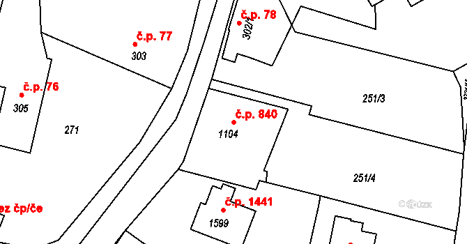 Rožnov pod Radhoštěm 840 na parcele st. 1104 v KÚ Rožnov pod Radhoštěm, Katastrální mapa