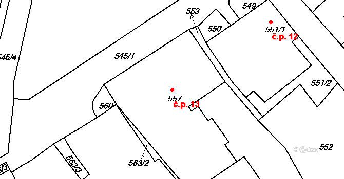 Bystřany 13 na parcele st. 557 v KÚ Bystřany, Katastrální mapa
