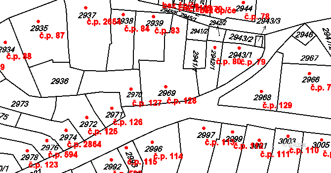 Líšeň 128, Brno na parcele st. 2969 v KÚ Líšeň, Katastrální mapa