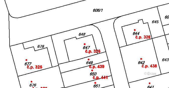Ponava 326, Brno na parcele st. 647 v KÚ Ponava, Katastrální mapa