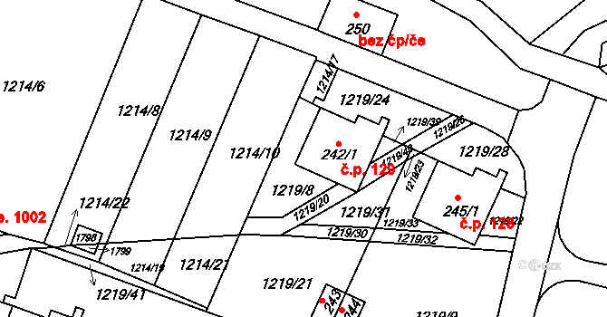 Měrunice 129 na parcele st. 242/1 v KÚ Měrunice, Katastrální mapa