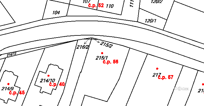 Tři Dvory 56, Litovel na parcele st. 215/1 v KÚ Tři Dvory u Litovle, Katastrální mapa