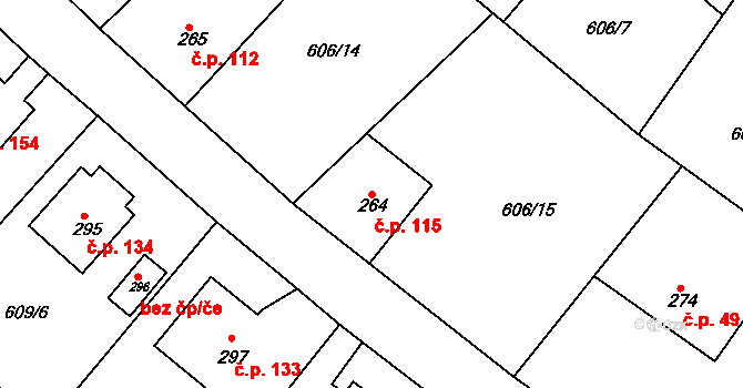 Čachovice 115 na parcele st. 264 v KÚ Čachovice, Katastrální mapa