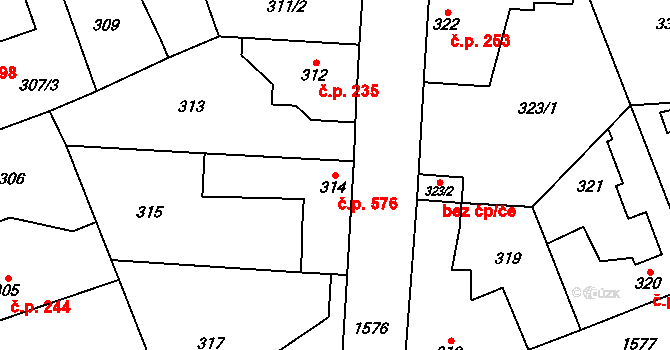 Řeporyje 576, Praha na parcele st. 314 v KÚ Řeporyje, Katastrální mapa