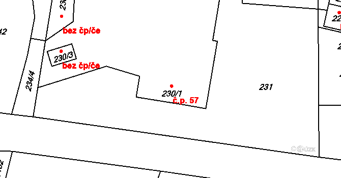 Suchdol nad Lužnicí 57 na parcele st. 230/1 v KÚ Suchdol nad Lužnicí, Katastrální mapa