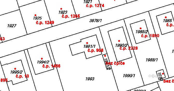 Modřany 908, Praha na parcele st. 1991/1 v KÚ Modřany, Katastrální mapa