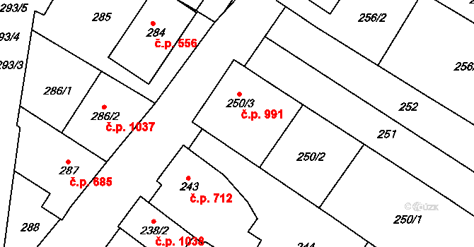 Mutěnice 991 na parcele st. 250/3 v KÚ Mutěnice, Katastrální mapa