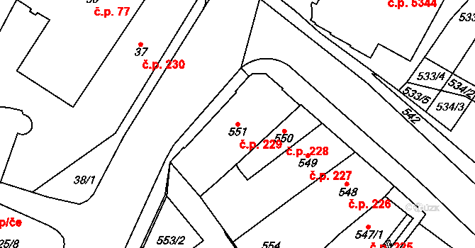 Chomutov 229 na parcele st. 551 v KÚ Chomutov I, Katastrální mapa