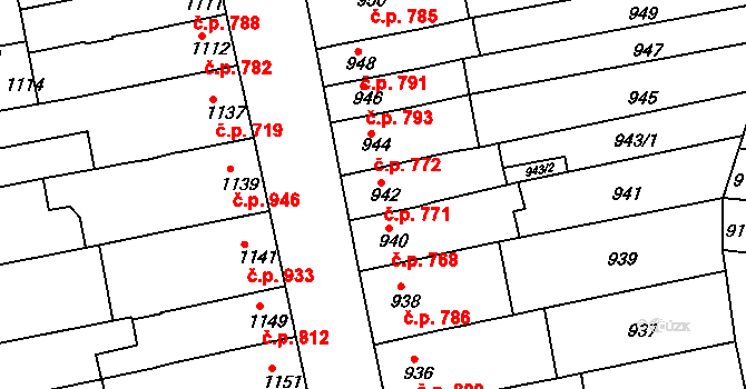 Šlapanice 771 na parcele st. 942 v KÚ Šlapanice u Brna, Katastrální mapa