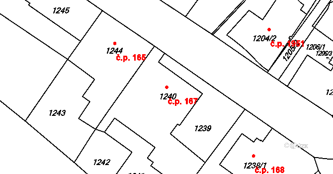 Fryštát 167, Karviná na parcele st. 1240 v KÚ Karviná-město, Katastrální mapa