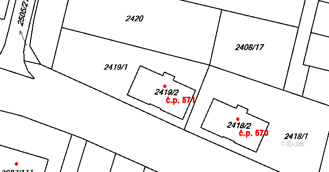 Kunovice 571 na parcele st. 2419/2 v KÚ Kunovice u Uherského Hradiště, Katastrální mapa