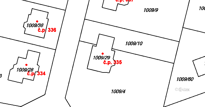 Majetín 335 na parcele st. 1009/29 v KÚ Majetín, Katastrální mapa
