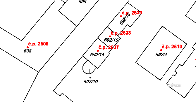 Východní Předměstí 2637, Plzeň na parcele st. 692/14 v KÚ Plzeň, Katastrální mapa