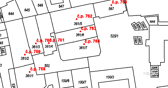 Horoměřice 764 na parcele st. 361/7 v KÚ Horoměřice, Katastrální mapa