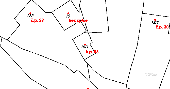 Skalsko 93 na parcele st. 16/1 v KÚ Skalsko, Katastrální mapa