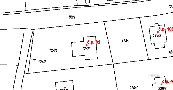 Trubín 92 na parcele st. 124/2 v KÚ Trubín, Katastrální mapa