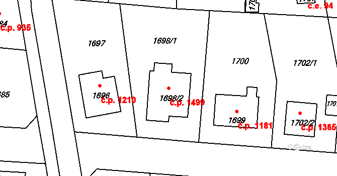 Úvaly 1499 na parcele st. 1698/2 v KÚ Úvaly u Prahy, Katastrální mapa