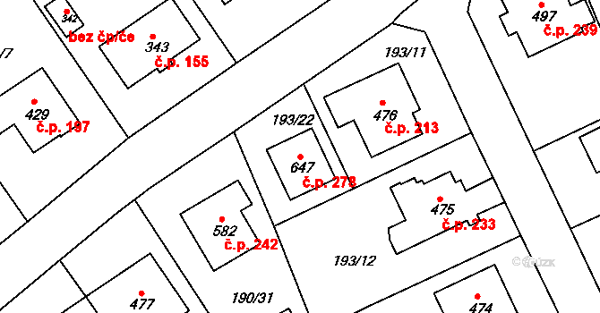 Svinary 278, Hradec Králové na parcele st. 647 v KÚ Svinary, Katastrální mapa