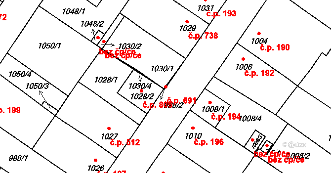 Lednice 691 na parcele st. 1030/1 v KÚ Lednice na Moravě, Katastrální mapa
