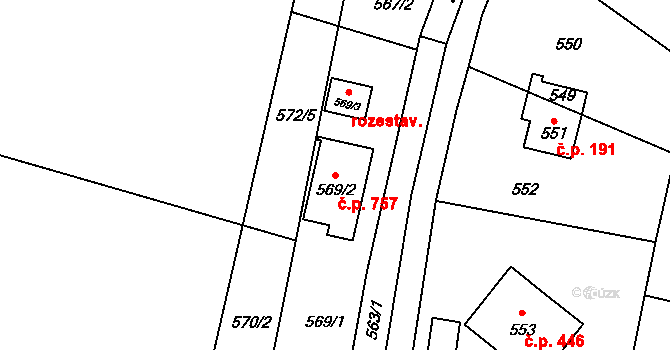 Vinoř 757, Praha na parcele st. 569/2 v KÚ Vinoř, Katastrální mapa
