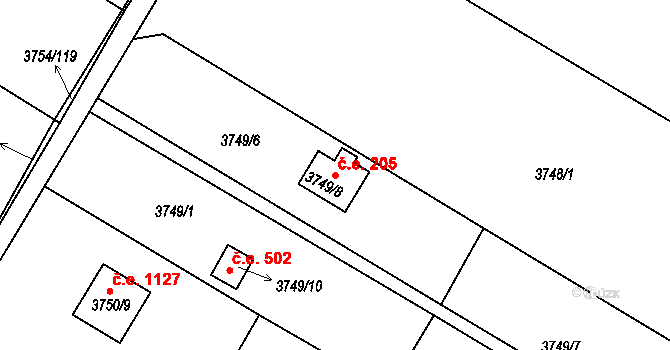 Roudnice nad Labem 205 na parcele st. 3749/8 v KÚ Roudnice nad Labem, Katastrální mapa