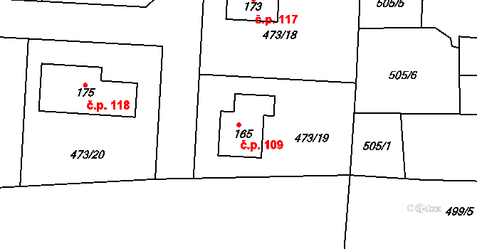 Chvalovice 109, Kovanice na parcele st. 165 v KÚ Chvalovice u Nymburka, Katastrální mapa