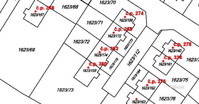 Popůvky 303 na parcele st. 1623/174 v KÚ Popůvky u Brna, Katastrální mapa