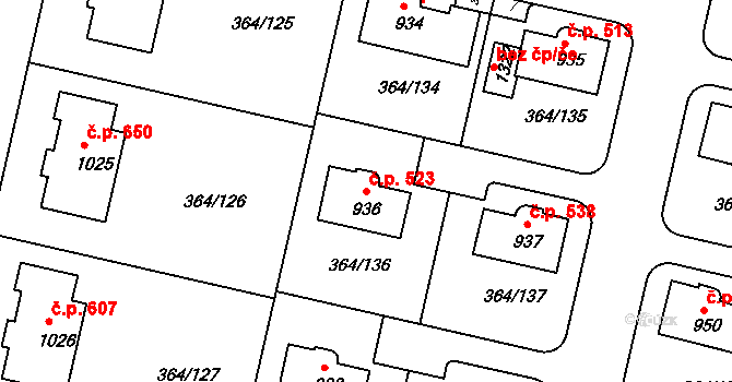 Nučice 523 na parcele st. 936 v KÚ Nučice u Rudné, Katastrální mapa