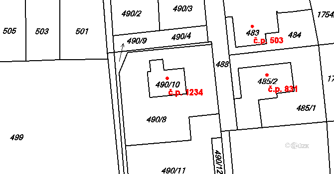 Kosmonosy 1234 na parcele st. 490/10 v KÚ Kosmonosy, Katastrální mapa