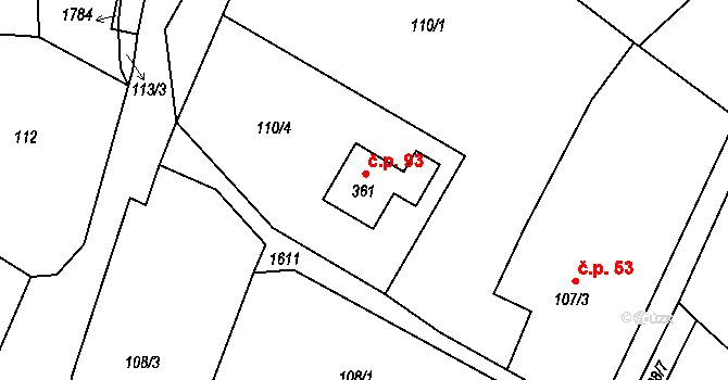 Radkov 93 na parcele st. 361 v KÚ Radkov u Vítkova, Katastrální mapa