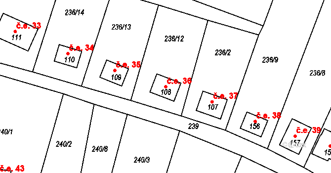 Drhleny 36, Kněžmost na parcele st. 108 v KÚ Suhrovice, Katastrální mapa