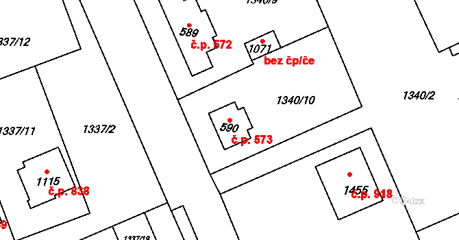 Tlumačov 573 na parcele st. 590 v KÚ Tlumačov na Moravě, Katastrální mapa