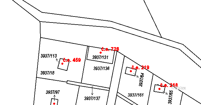 Líšeň 728, Brno na parcele st. 3937/131 v KÚ Líšeň, Katastrální mapa
