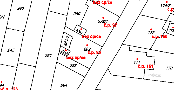 Zábřeh 96, Dolní Benešov na parcele st. 282 v KÚ Zábřeh u Hlučína, Katastrální mapa