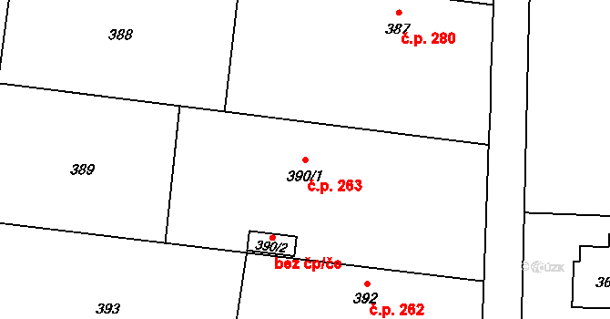 Komárov 263, Opava na parcele st. 390/1 v KÚ Komárov u Opavy, Katastrální mapa