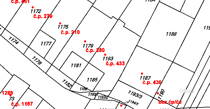 Hluk 433 na parcele st. 1183 v KÚ Hluk, Katastrální mapa