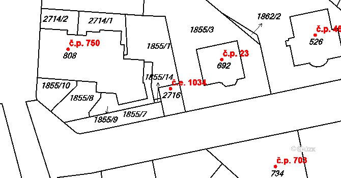 Tišnov 1034 na parcele st. 2716 v KÚ Tišnov, Katastrální mapa