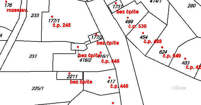 Milevsko 446 na parcele st. 416/1 v KÚ Milevsko, Katastrální mapa