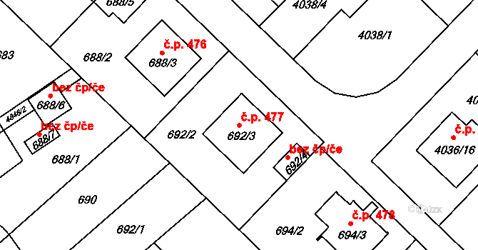 Choceňské Předměstí 477, Vysoké Mýto na parcele st. 692/3 v KÚ Vysoké Mýto, Katastrální mapa