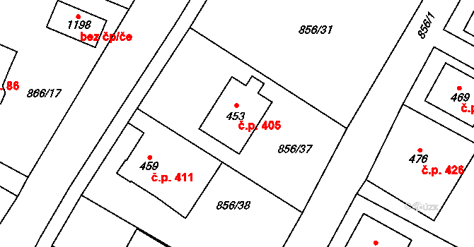 Hanušovice 405 na parcele st. 453 v KÚ Hanušovice, Katastrální mapa