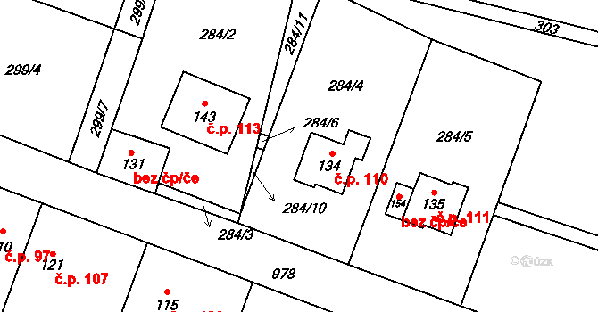 Dřínov 110 na parcele st. 134 v KÚ Dřínov u Zlonic, Katastrální mapa