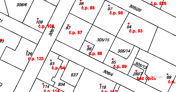 Neratovice 88 na parcele st. 86 v KÚ Neratovice, Katastrální mapa