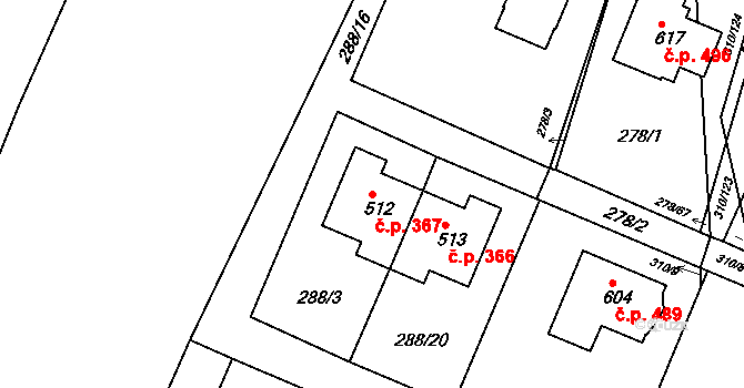 Dolní Břežany 367 na parcele st. 512 v KÚ Dolní Břežany, Katastrální mapa