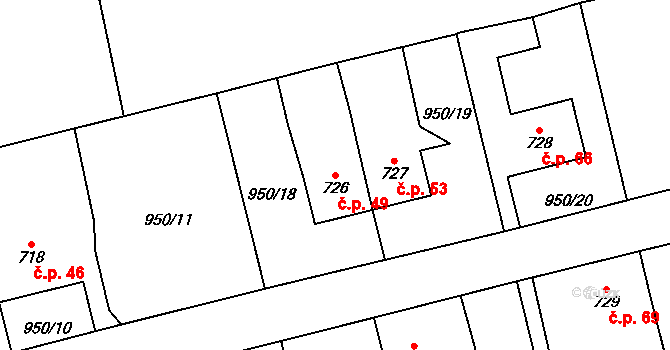 Jezbiny 49, Jaroměř na parcele st. 726 v KÚ Jezbiny, Katastrální mapa