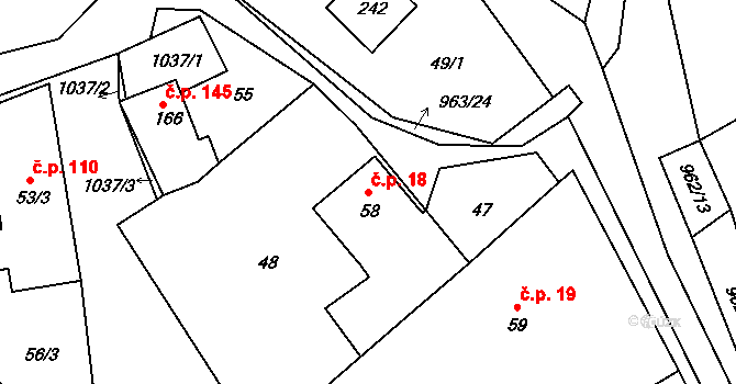 Bušín 18 na parcele st. 58 v KÚ Bušín, Katastrální mapa