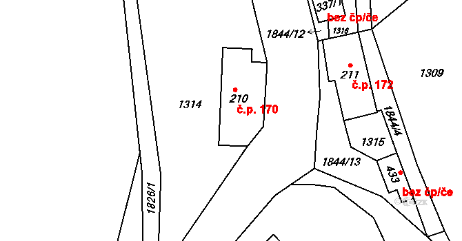 Hrabišín 170 na parcele st. 210 v KÚ Hrabišín, Katastrální mapa