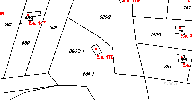 Žižlavice 178, Blansko na parcele st. 686/3 v KÚ Těchov, Katastrální mapa