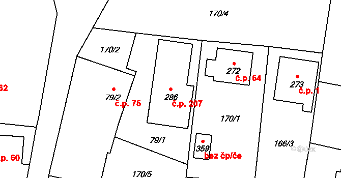 Tísek 207 na parcele st. 286 v KÚ Tísek, Katastrální mapa