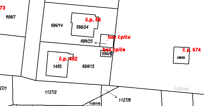 Tuchlovice 96734141 na parcele st. 696/43 v KÚ Tuchlovice, Katastrální mapa
